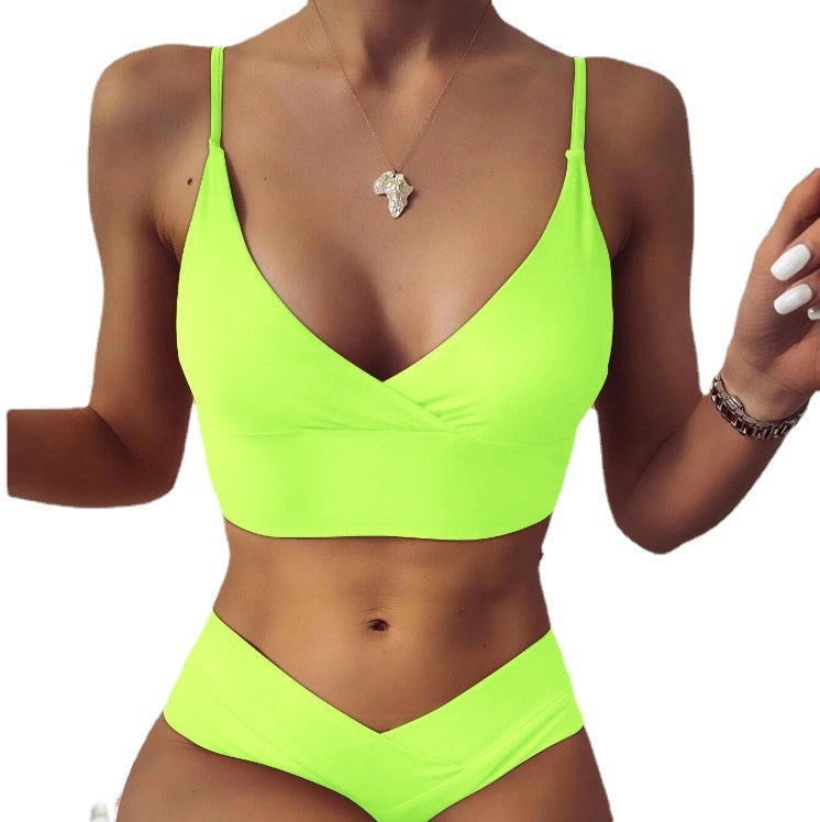 Split Solid Color Lady Sexy High Waist Triangle Bikini Multicolor Swimsuit Swimwear Bikini