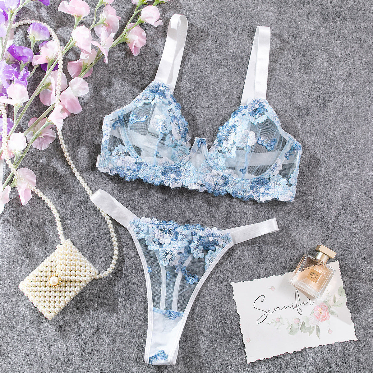 Blue Embroidered Bra Low-cut Sexy Lingerie With Steel Ring - Peek A Boo Undies