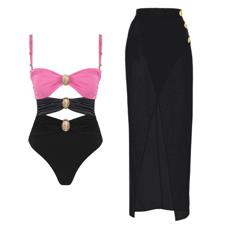 Gold Button Color Matching Three-color Swimsuit Suit Women - Peek A Boo Undies