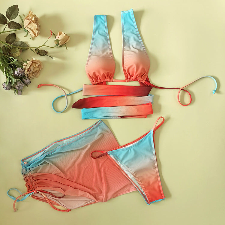 Color Gradient Smudge Three-Piece Bikini Swimsuit