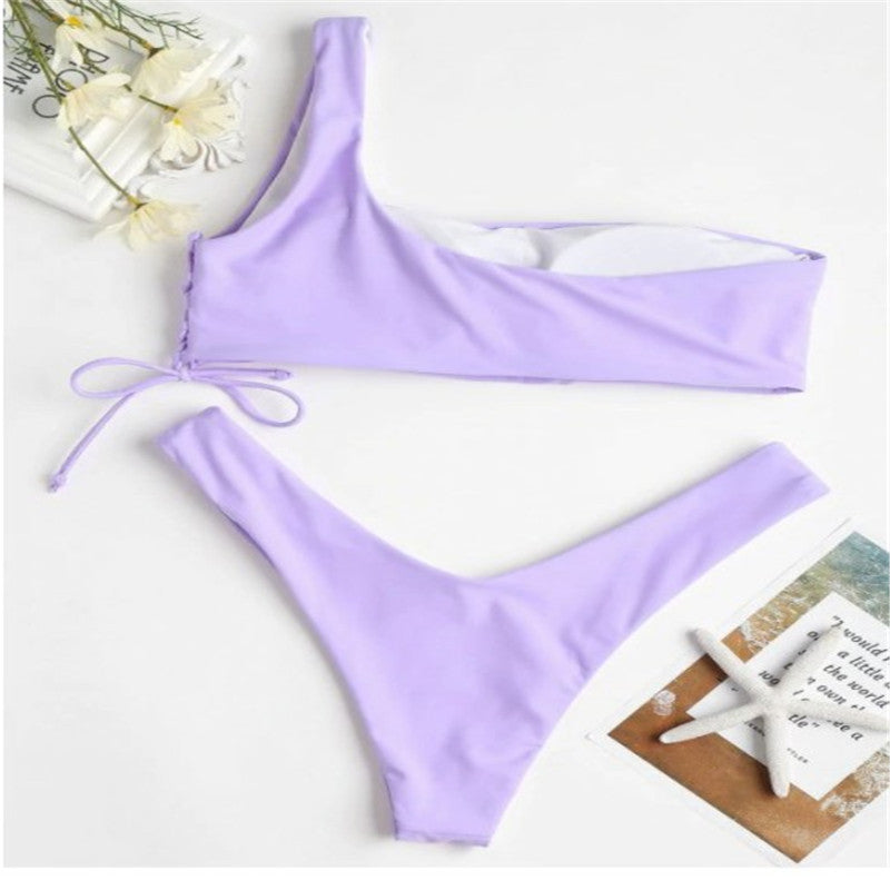 One-shoulder solid color split swimsuit bikini - Peek A Boo Undies
