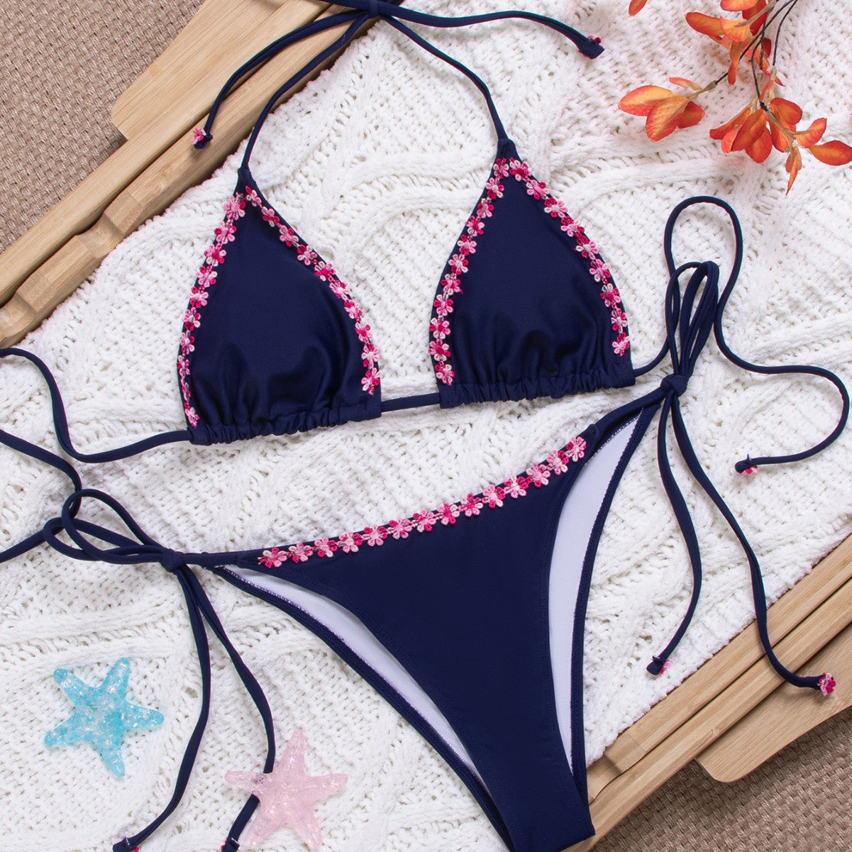 Flower Power Bikini Swimsuit Set With Small Lace