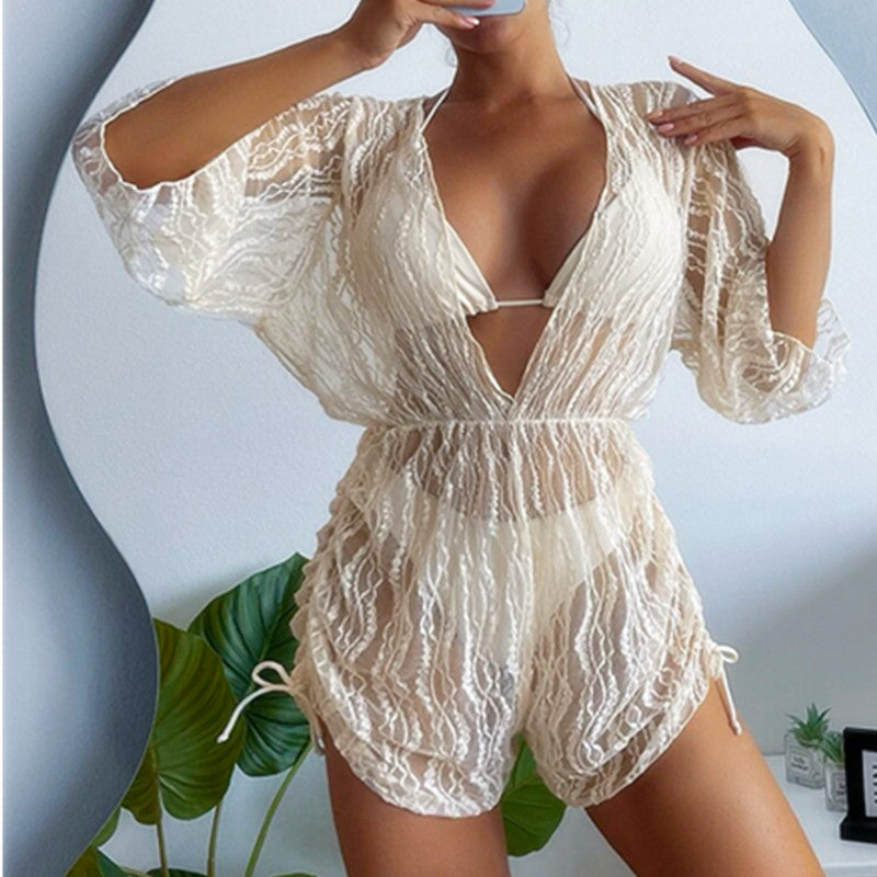 Long Sleeved Net Yarn Swimsuit Women's Draw Rope Sunscreen Smock Three-piece Bikini