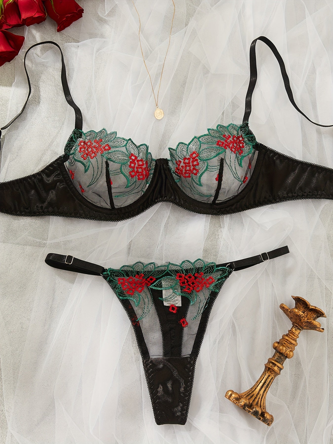 Floral Embroidery Lingerie Set, Mesh Stitching Unlined Bra & Thong, Women's Lingerie & Underwear