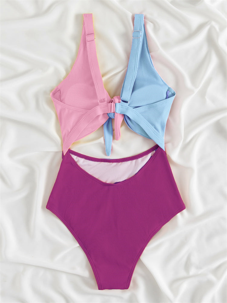 Colorblock Chest Knotted One Piece Swimsuit Two Piece Bikini