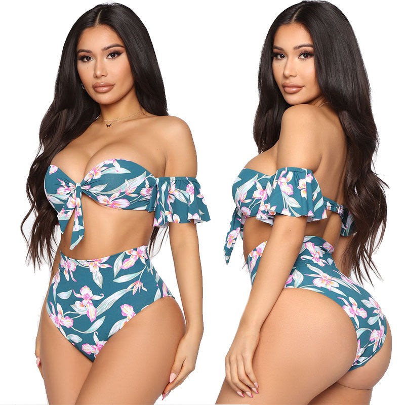 One-shoulder Lotus Split High Waist Leaf Print Swimsuit