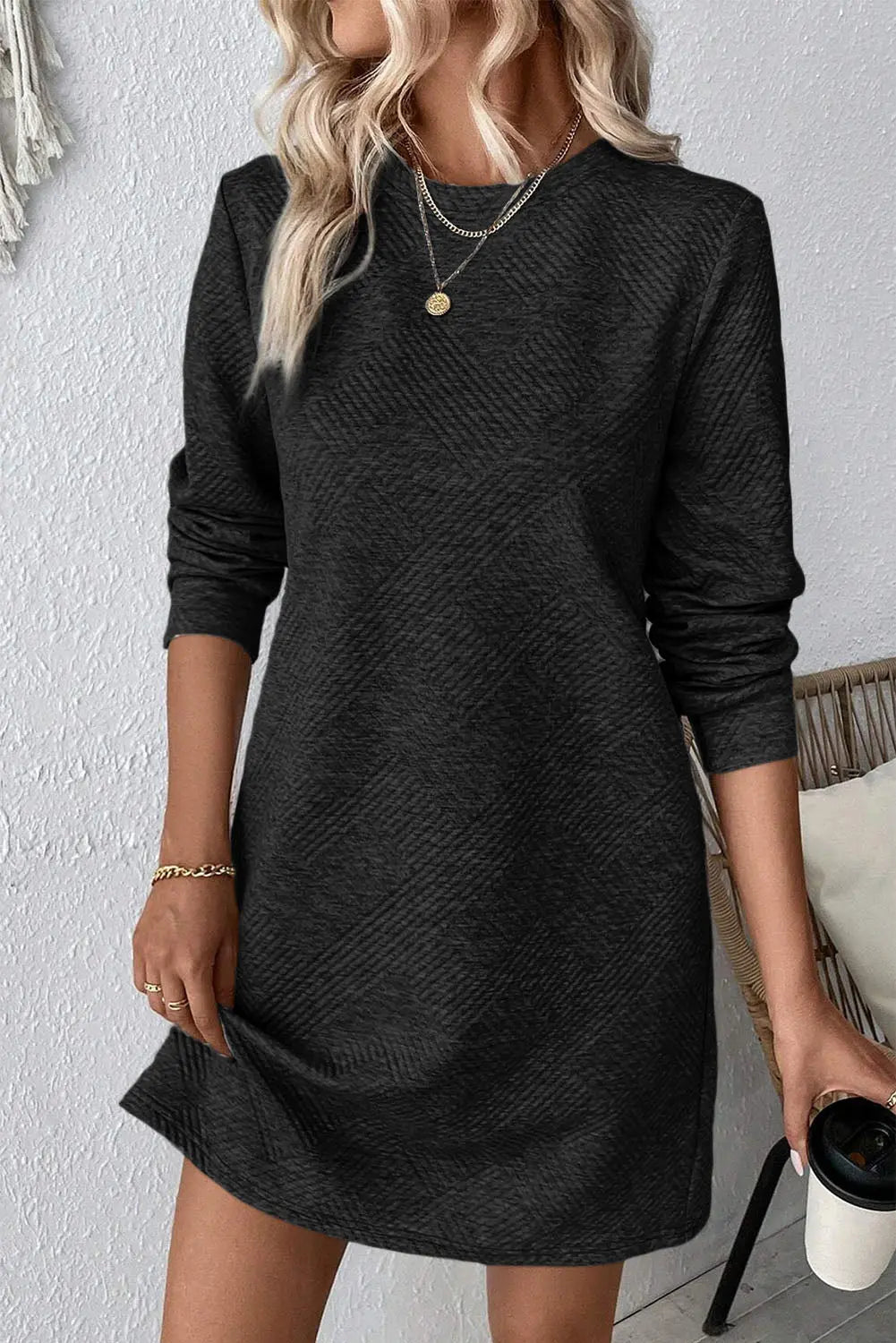 Textured Round Neck Long Sleeve Mini Dress - Image #9