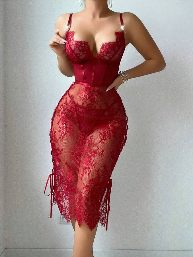 Red Wine Lace Lingerie Dress