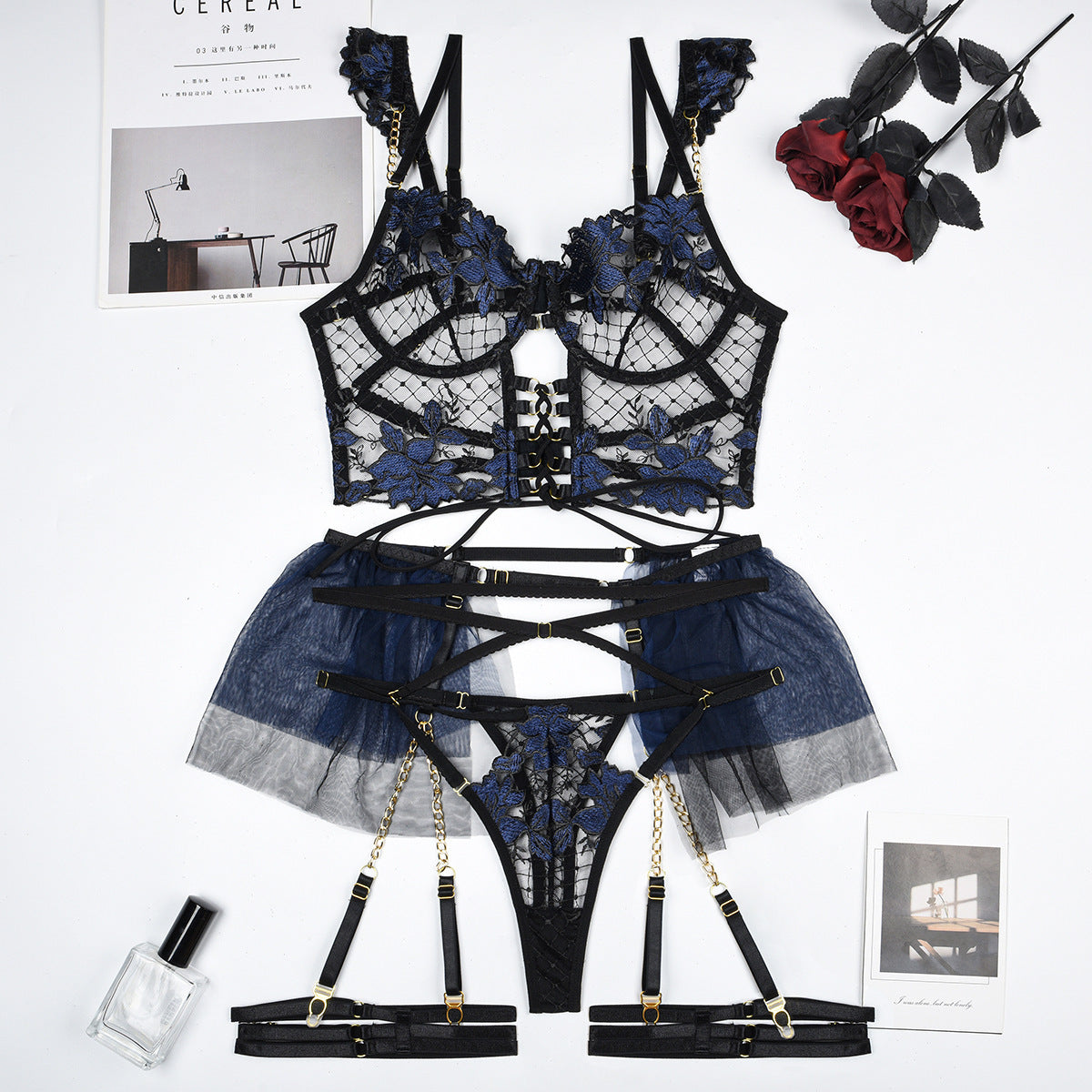 Heavy Industry Chain Mesh Stitching Sexy Lingerie Four-piece Set