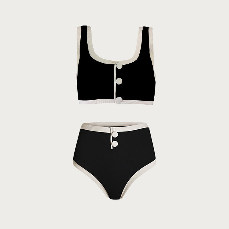 Sexy Black And White Color Matching High Waist Split Bikini Swimsuit - Peek A Boo Undies