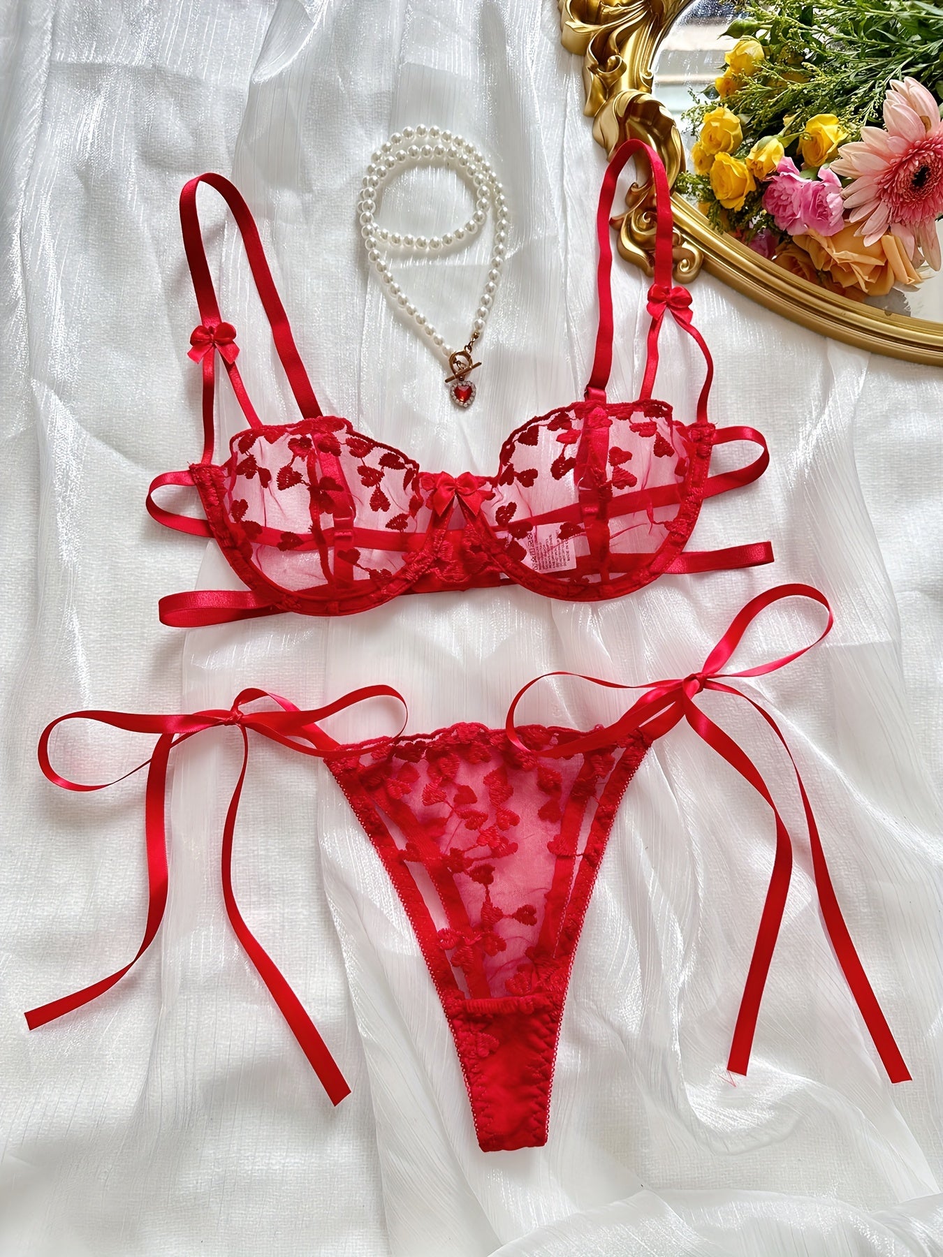 Heart Embroidery Lingerie Set, Mesh Unlined Bra & Strappy Thong, Women's Sexy Lingerie & Underwear