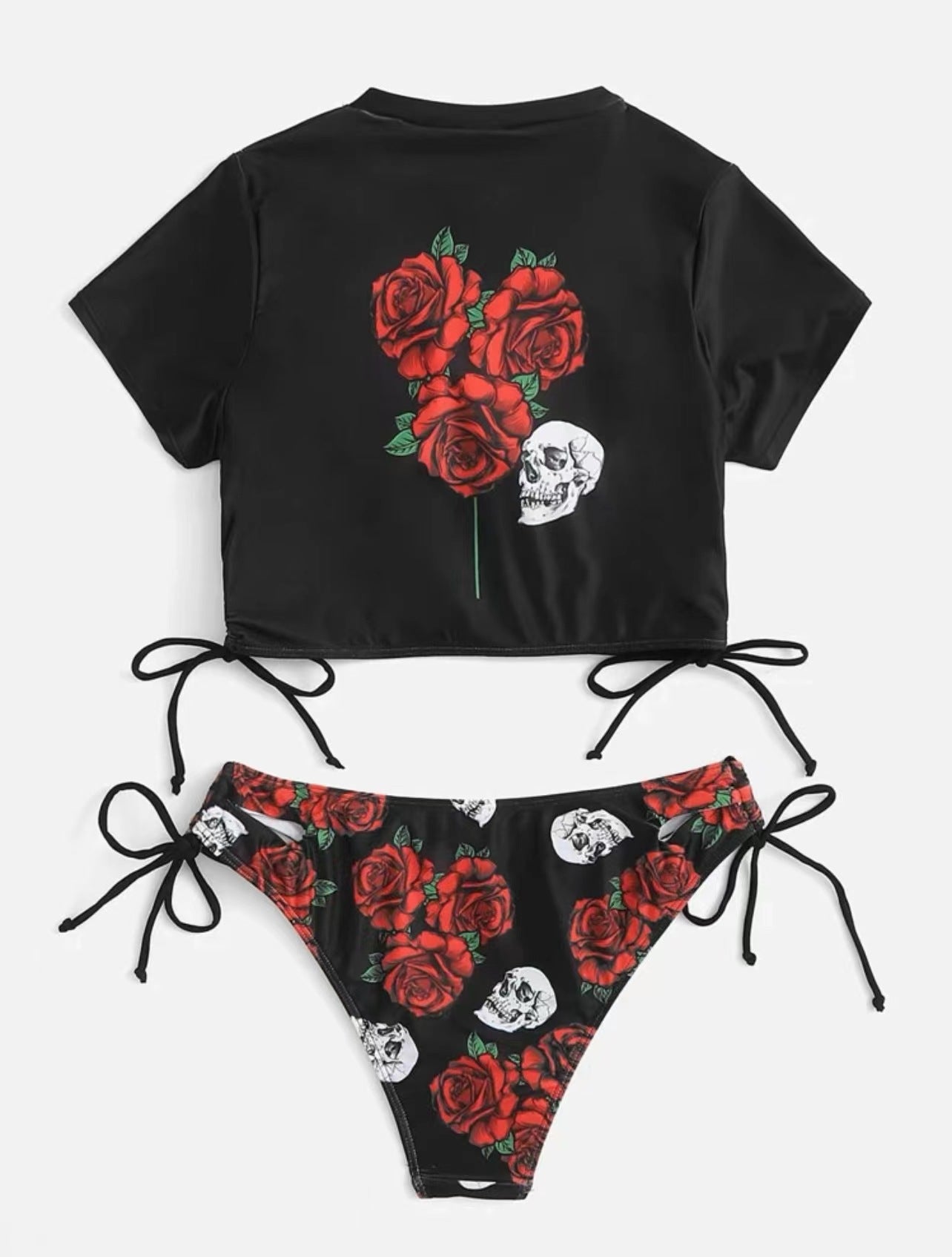 Rose Print Drawstring Split Bikini Swimsuit