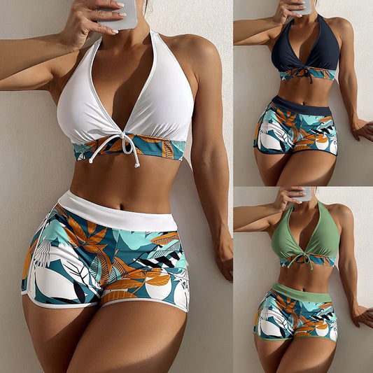 Women's Split High Waist Boxer Tie Print Solid Color Swimsuit