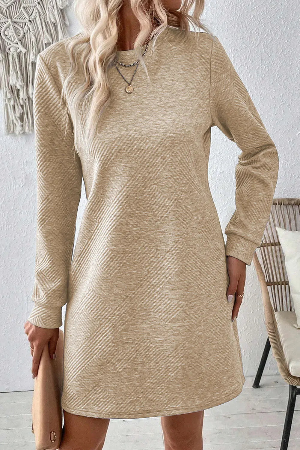 Textured Round Neck Long Sleeve Mini Dress - Image #6