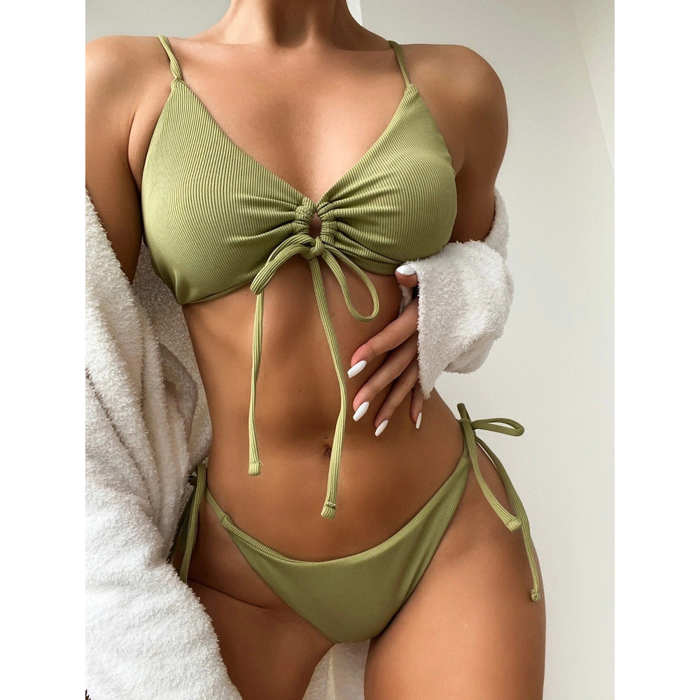 Women's Solid Color Drawstring Swimsuit Bikini