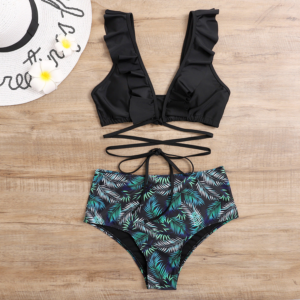 Sexy Bikini Print High Waist Split Swimsuit Lady Lotus Leaf