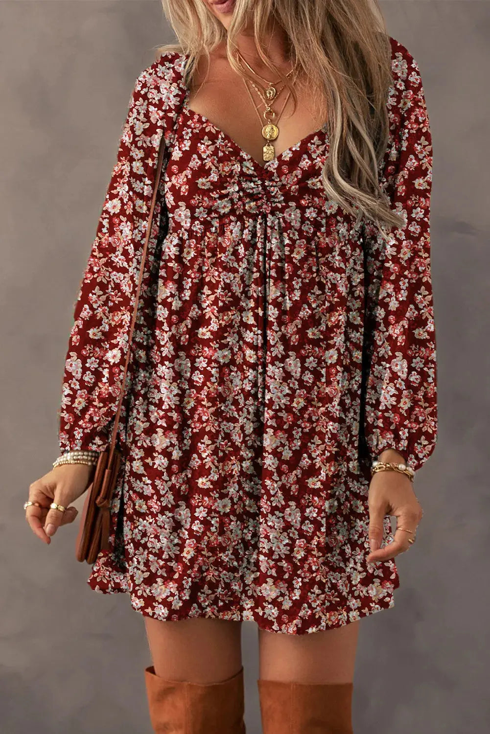 Ruched Printed Long Sleeve Mini Dress - Image #4
