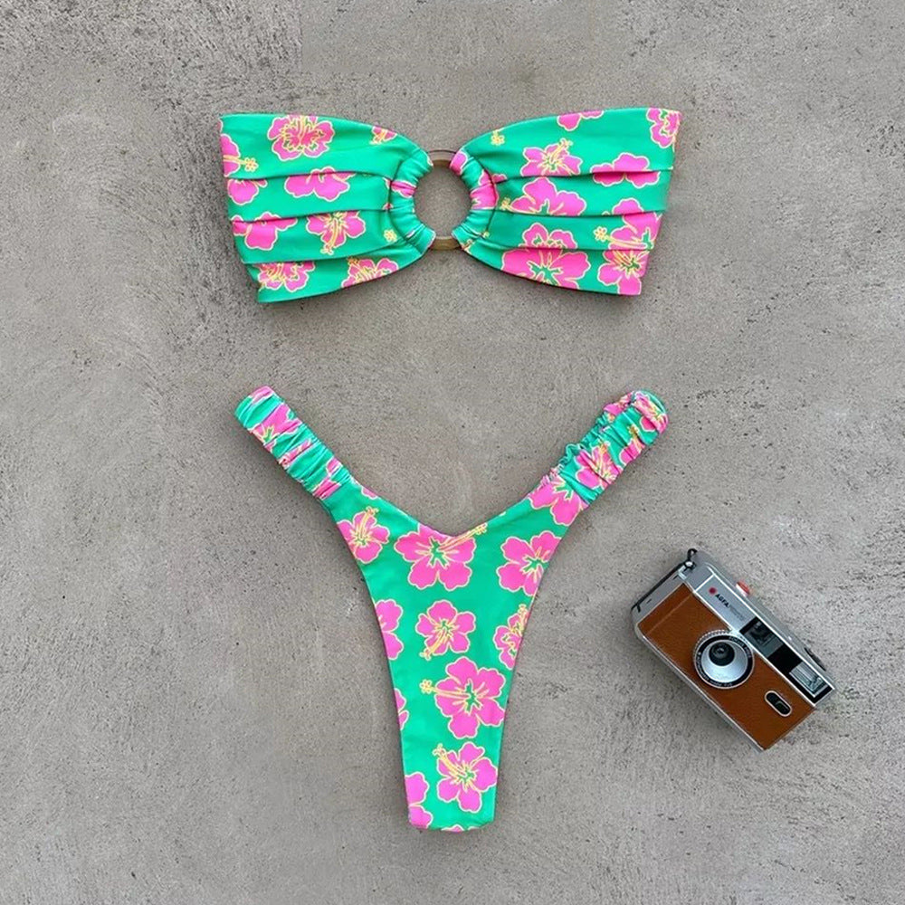 New Women's Printed Pleating Bikini Swimsuit