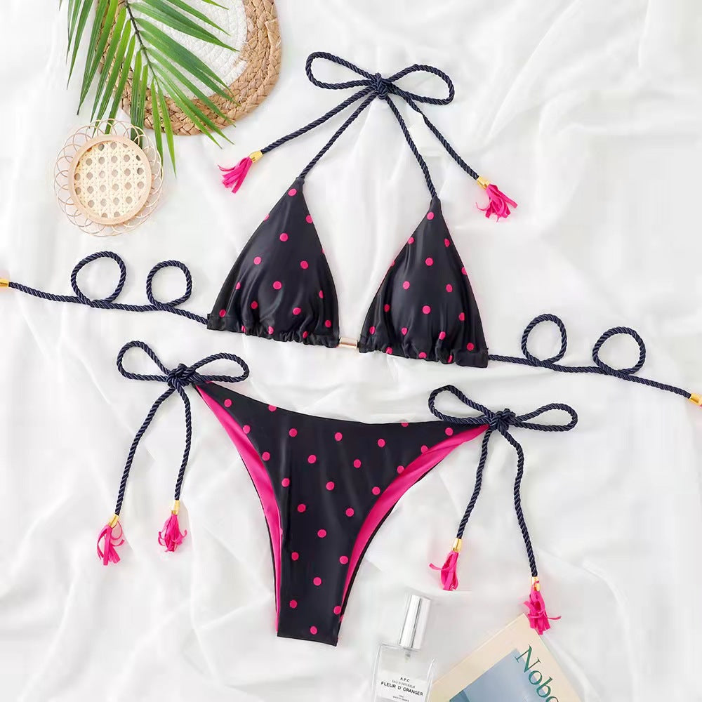 New Sexy Bikini Swimsuit European And American Plain Tassel Split