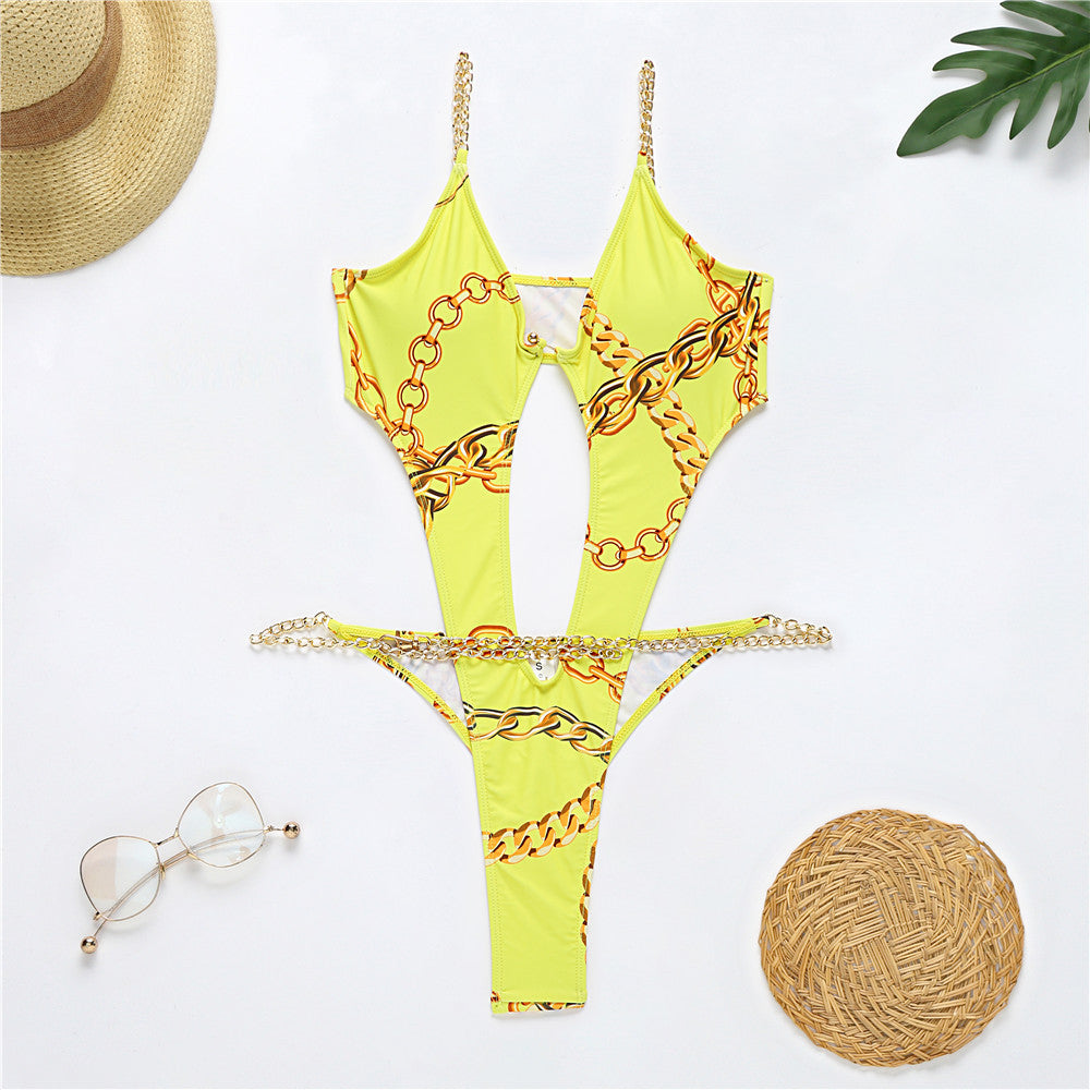 New Printed One-piece Bikini Metal Chain Swimsuit