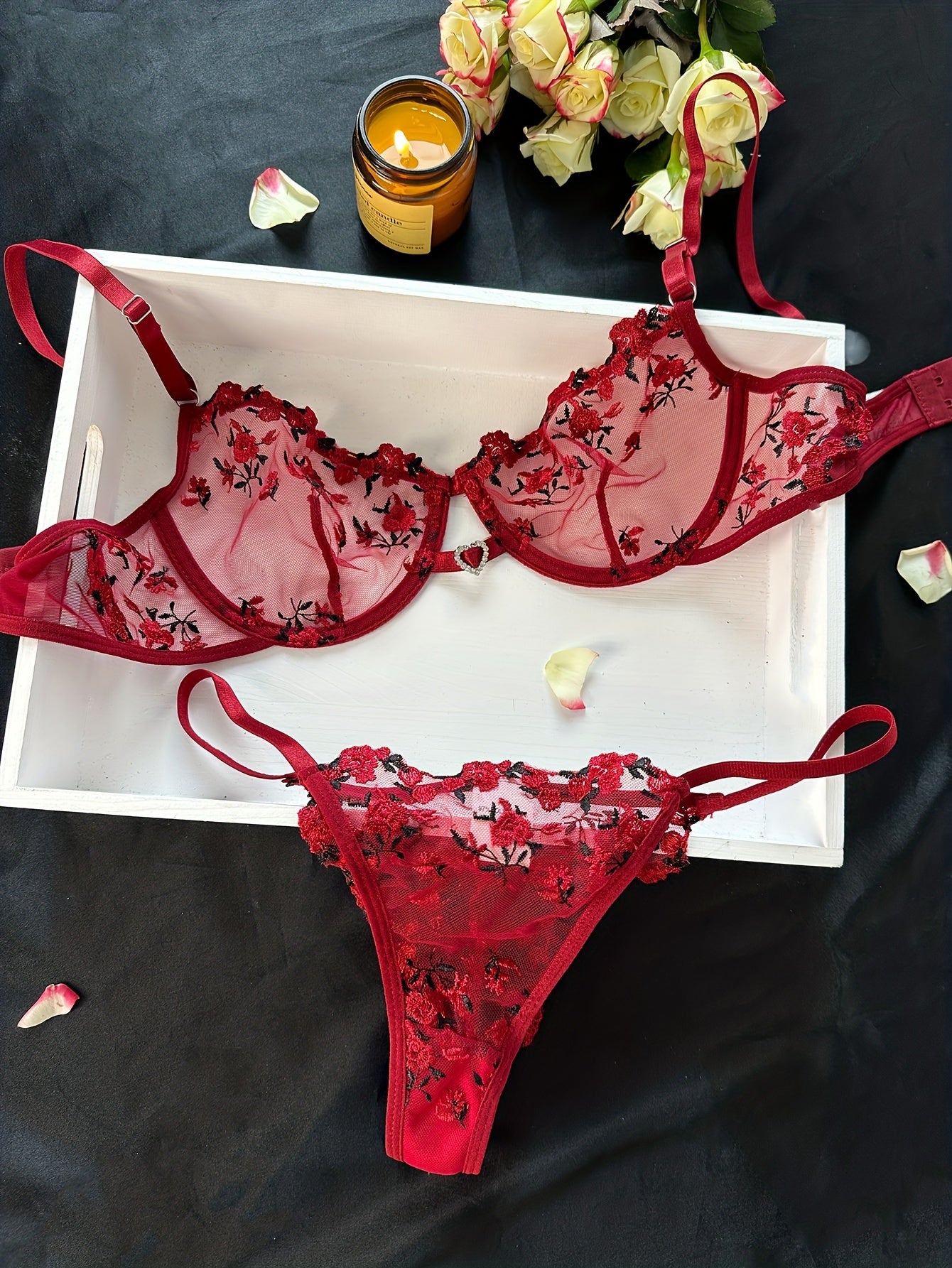 Floral Embroidery Lingerie Set, Hollow Out Unlined Bra & Sheer Mesh Thong, Women's Sexy Lingerie & Underwear