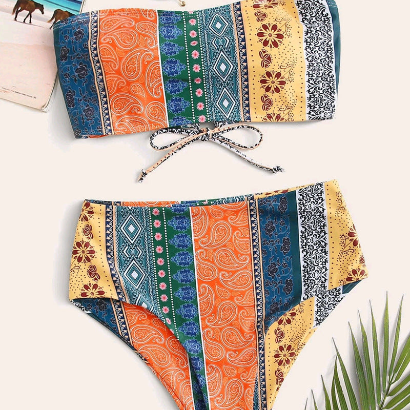 Women's Printed Bikini Split Tie High Waist Swimsuit