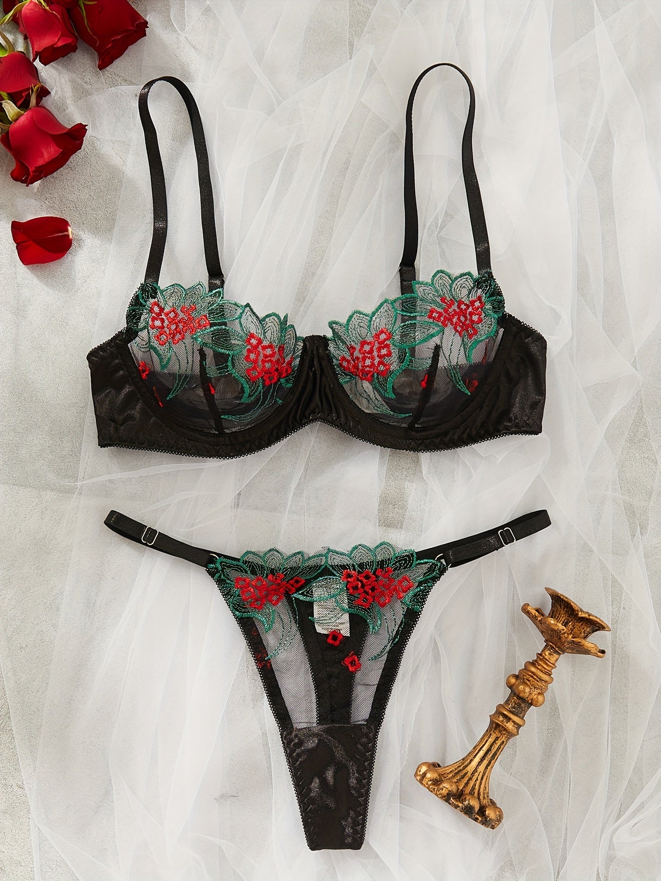 Floral Embroidery Lingerie Set, Mesh Stitching Unlined Bra & Thong, Women's Lingerie & Underwear