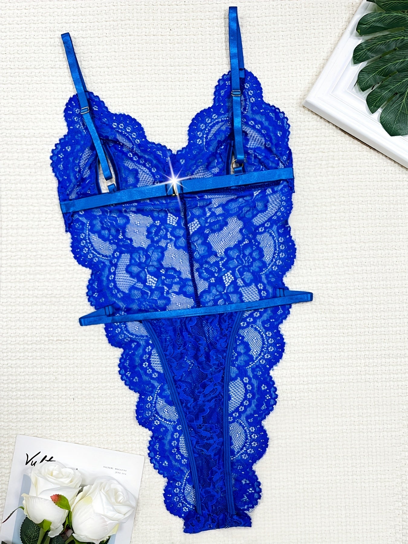 Floral Lace Scallop Trim Teddy, Cut Out Deep V Backless Thong Bodysuit, Women's Sexy Lingerie & Underwear