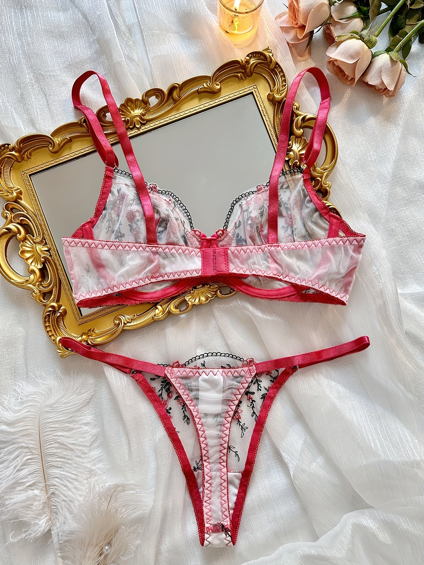 Floral Embroidery Lingerie Set, Sheer Unlined Bra & Mesh Thong, Women's Sexy Lingerie & Underwear