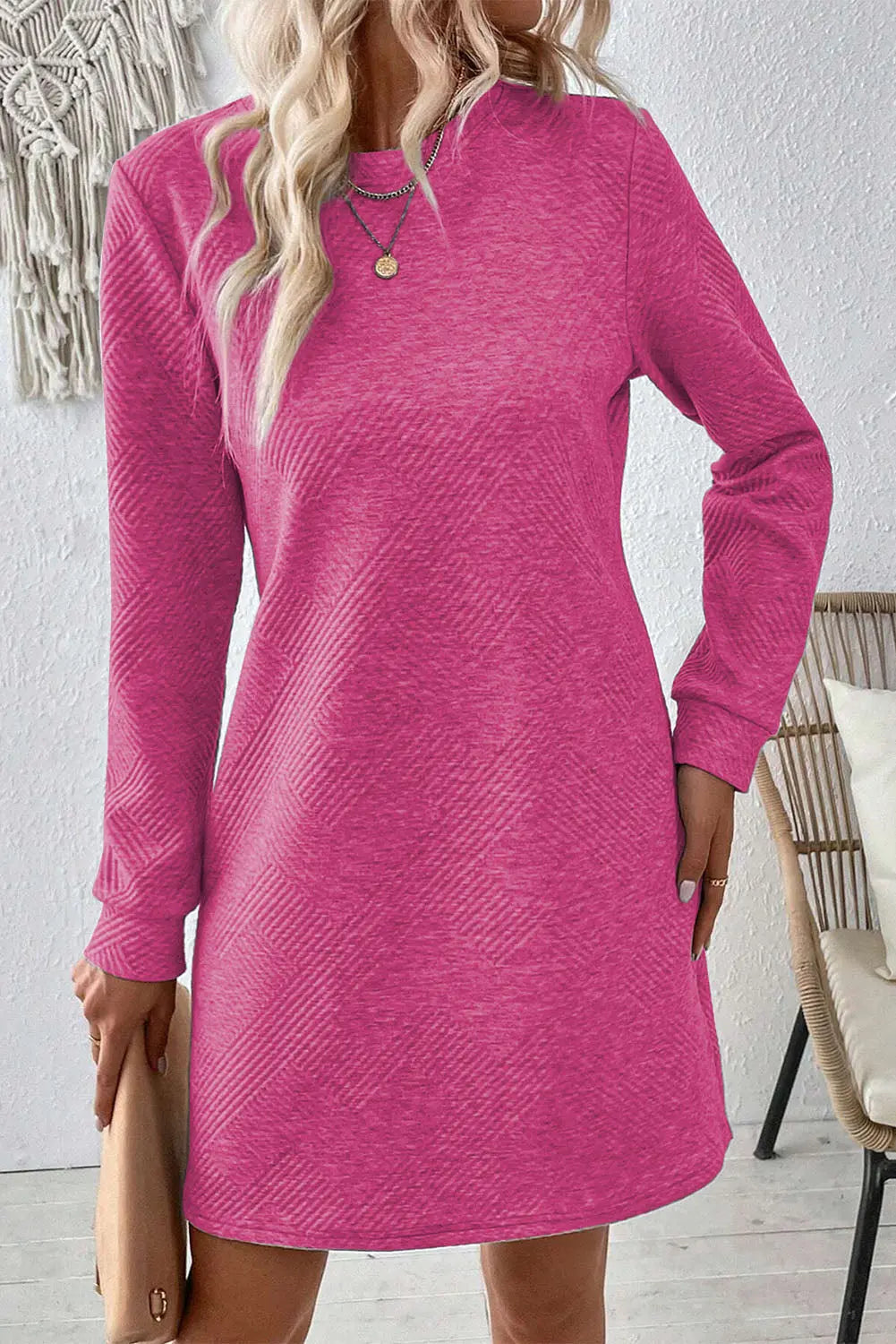 Textured Round Neck Long Sleeve Mini Dress - Image #12