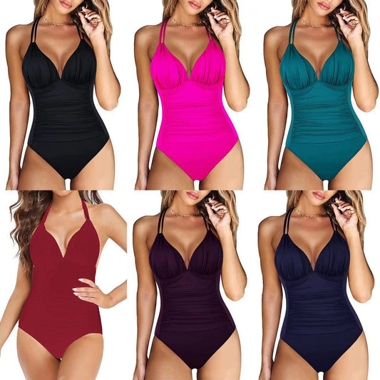 Pure Color Halter Thin Bikini One-piece Swimsuit