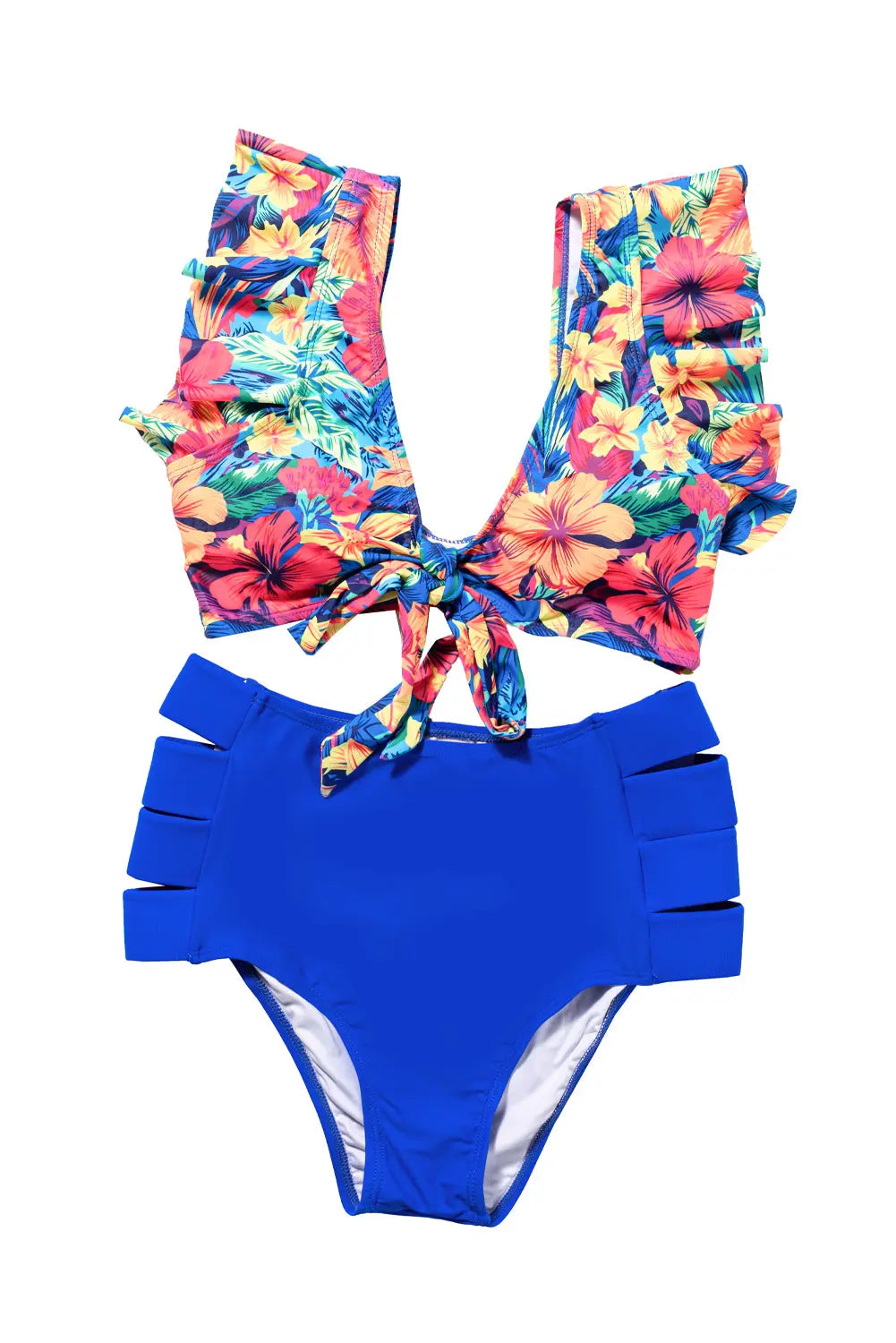 Floral Print Front Tie High Waist Bikini Swimsuit with Ruffles - Image #15