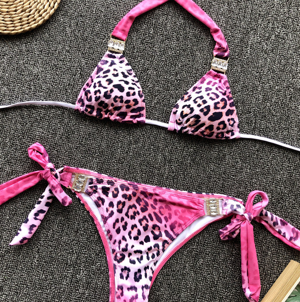 Pink Leopard Print Split Bikini