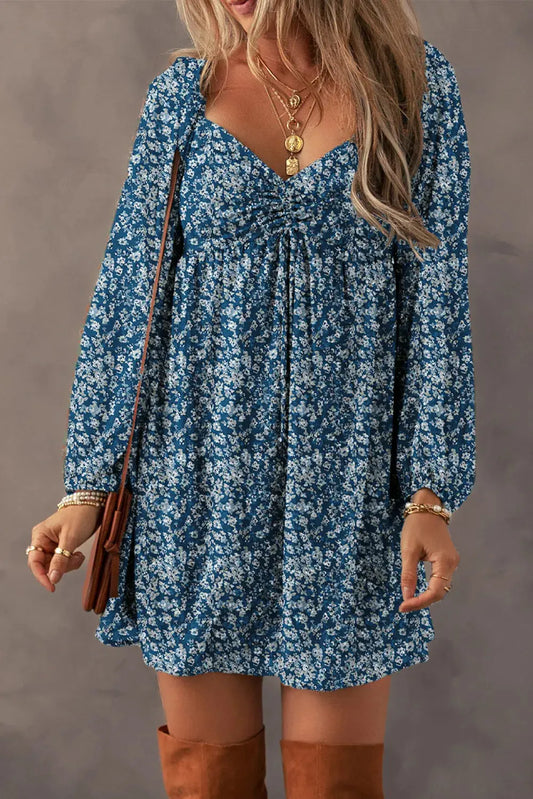 Ruched Printed Long Sleeve Mini Dress - Image #1