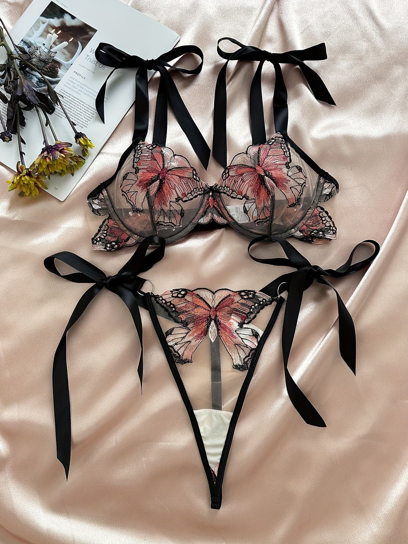 Butterfly Embroidery Lingerie Set, Unlined Mesh Bra & Strappy Thong, Women's Sexy Lingerie & Underwear