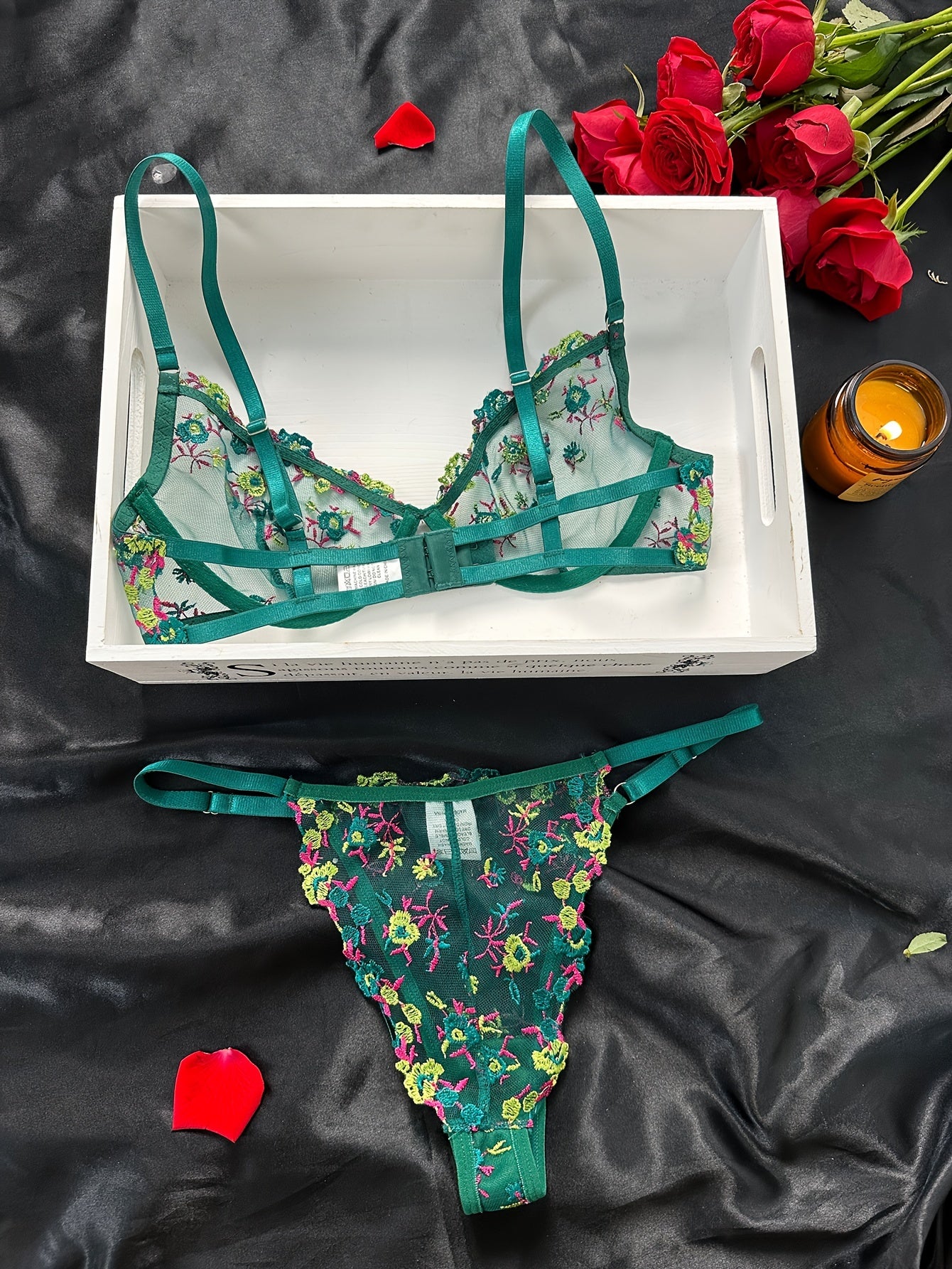 Floral Embroidery Lingerie Set, Cut Out Unlined Bra & Mesh Thong, Women's Sexy Lingerie & Underwear