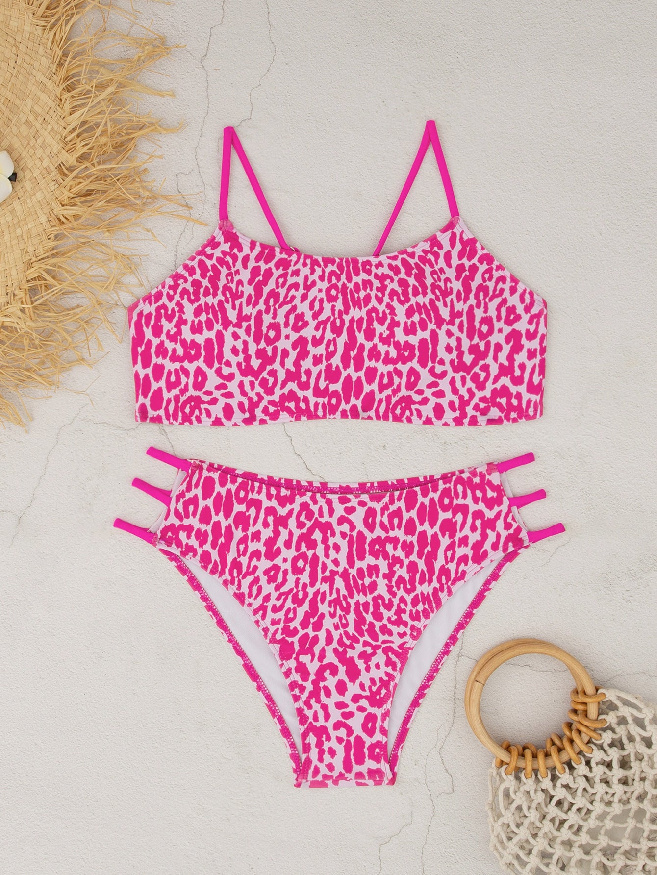 Leopard Print Split Two-piece Suit Multi-rope Bikini Swimsuit
