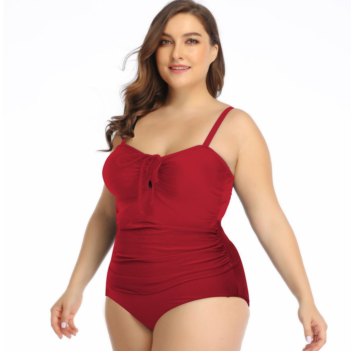 Split Plus Size Swimsuit Smocked Suspenders Solid Color Bikini