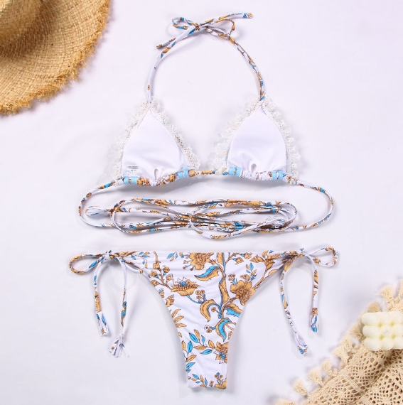 Women's Two-piece Swimsuit Ribbon Stitching Lace Strap Printing Bikini