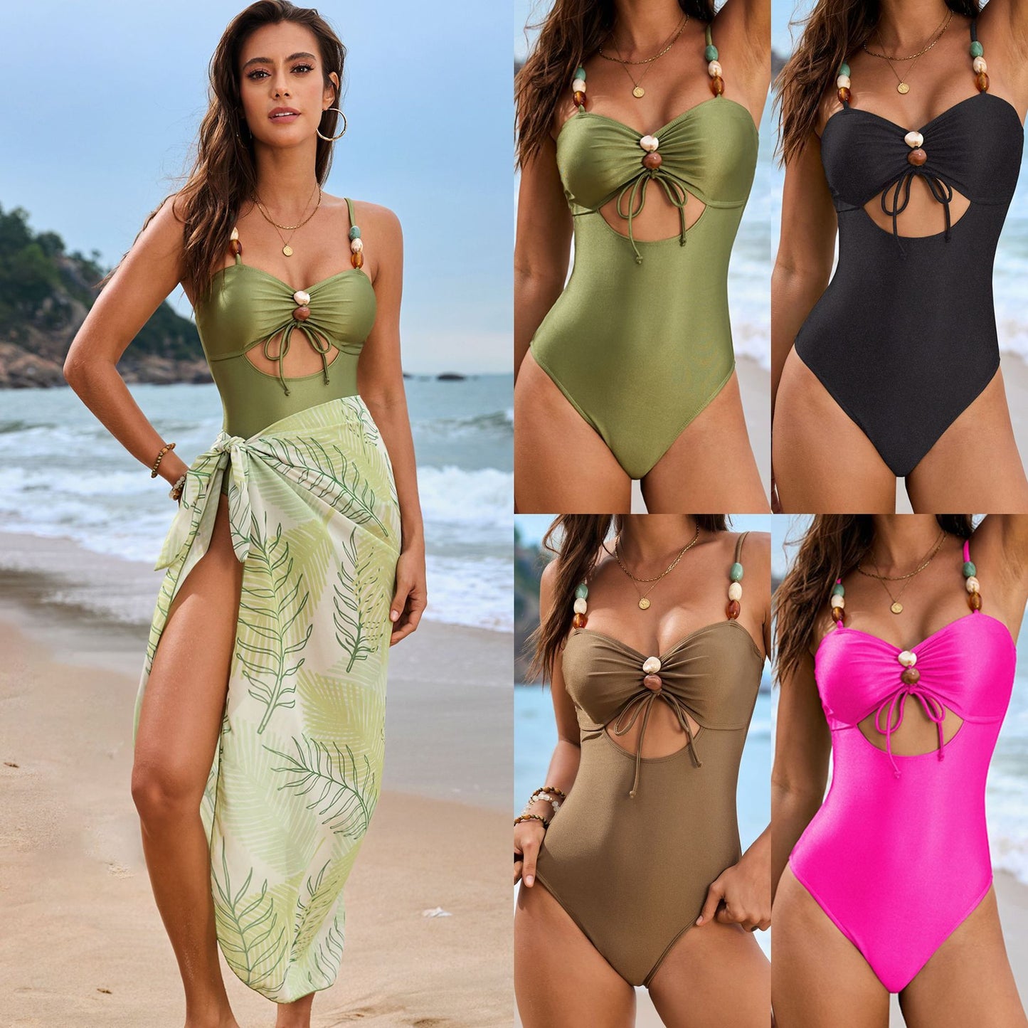 Solid Color One-piece Swimsuit Drawstring