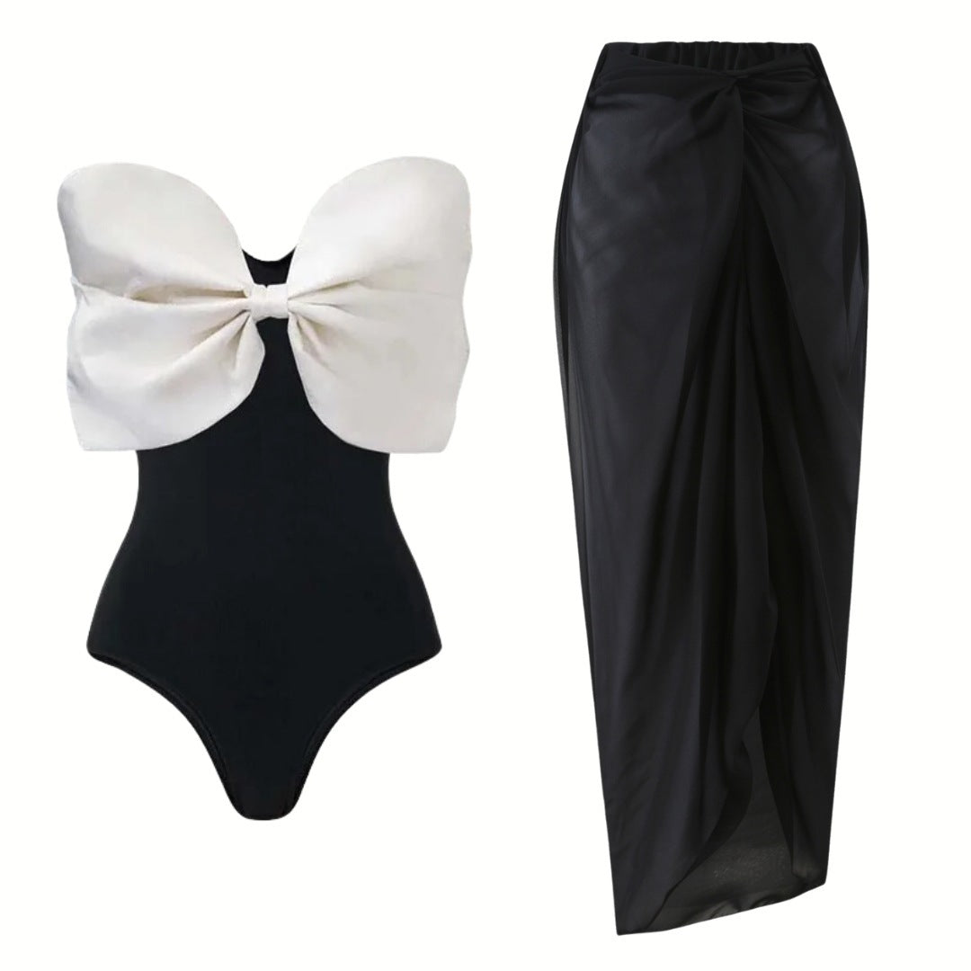 Black And White Tube Top Bow One-piece Swimsuit