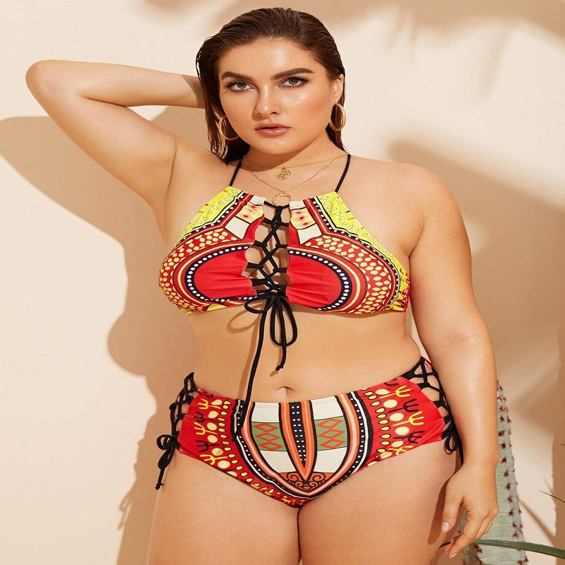 Women's Split Halter Multicolor Cutout Lace-Up Swimsuit