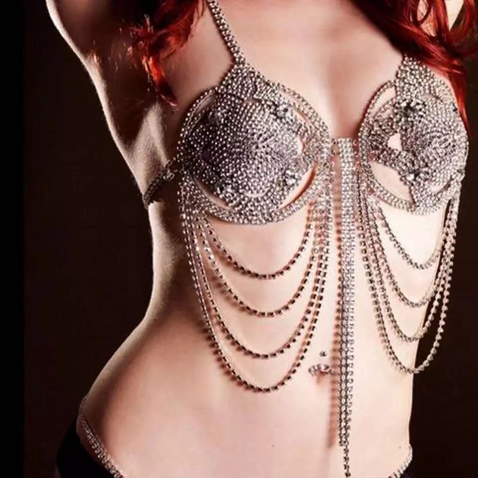 Elmas Püskül Vücut Zincirleri Gece Kulübü Bikini Göğüs Kolye