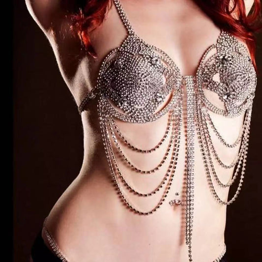 Elmas Püskül Vücut Zincirleri Gece Kulübü Bikini Göğüs Kolye