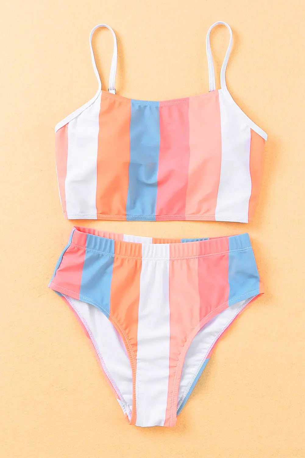 Orange Vertical Striped High Waist Bikini Swimsuit - Image #7