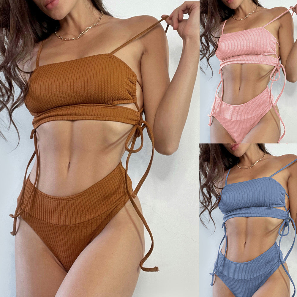 Bikini Rib Lace-up High Waist Swimsuit