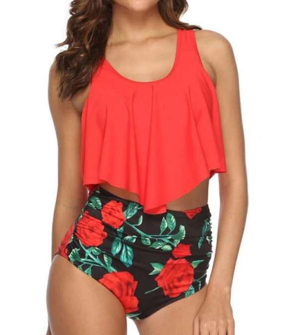 Bikini High Waist Lotus Leaf Print Swimsuit Striped Split