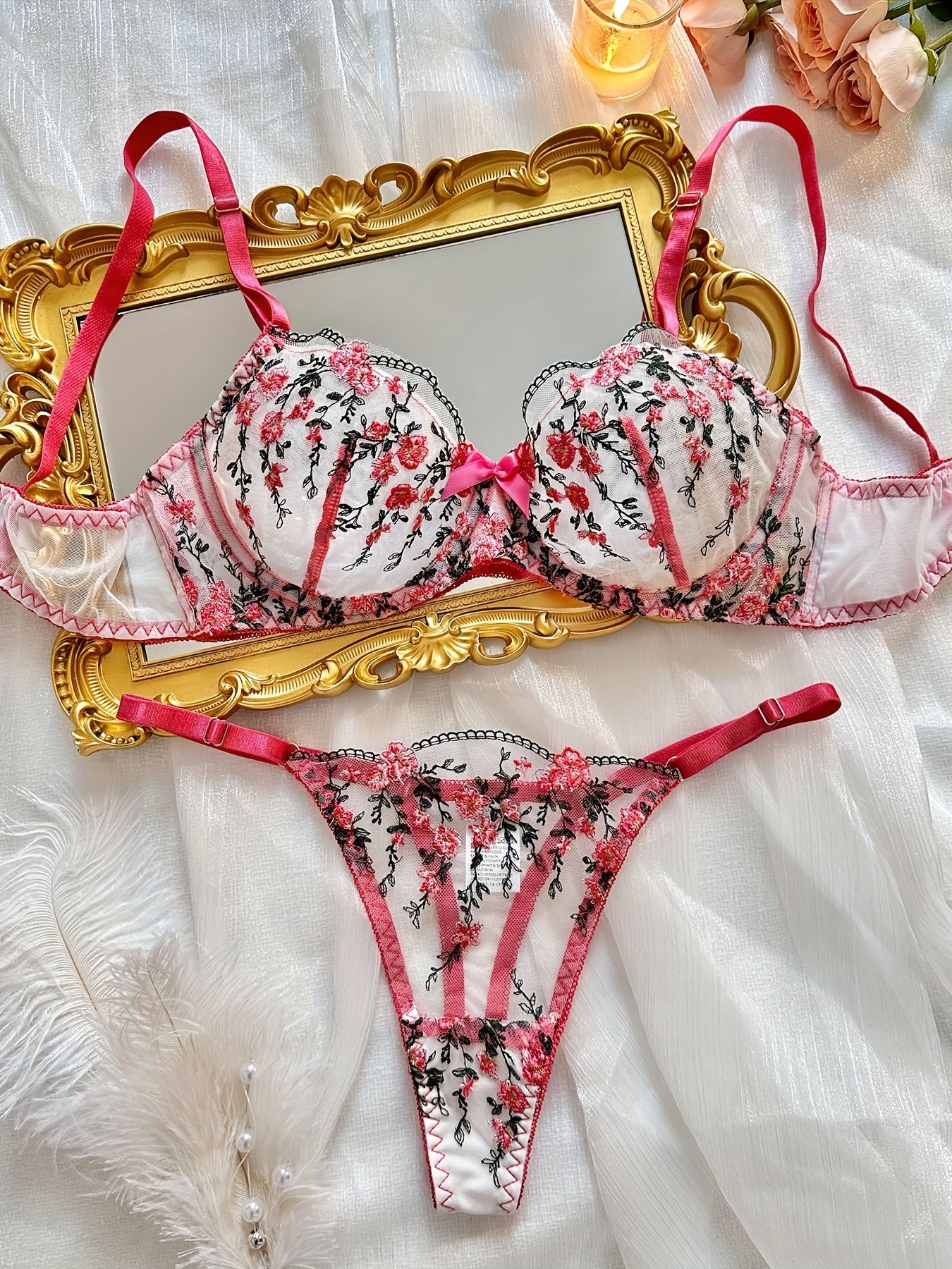 Floral Embroidery Lingerie Set, Sheer Unlined Bra & Mesh Thong, Women's Sexy Lingerie & Underwear