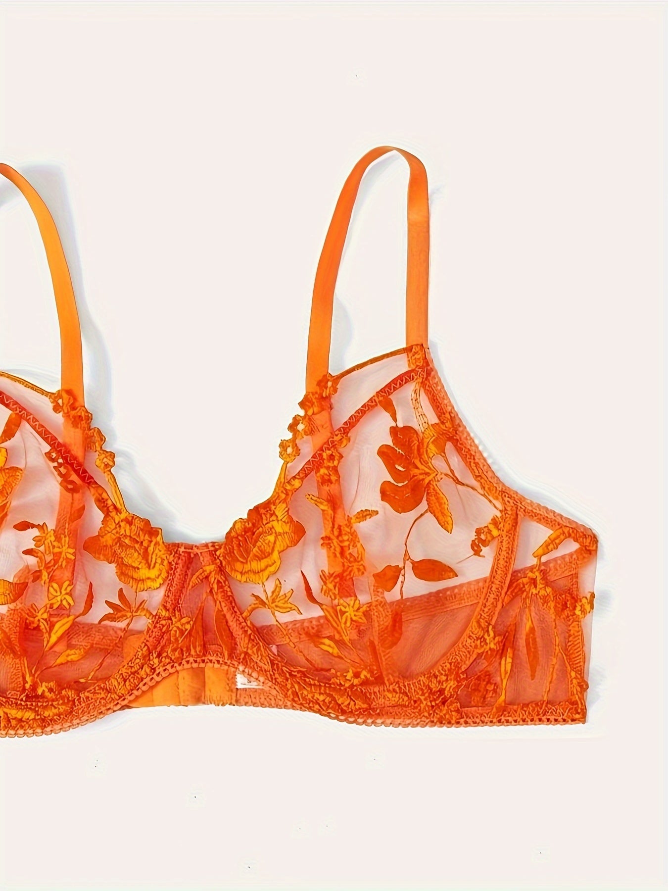 Floral Embroidery Lingerie Set, Unlined Mesh Bra & Thong, Women's Sexy Lingerie & Underwear