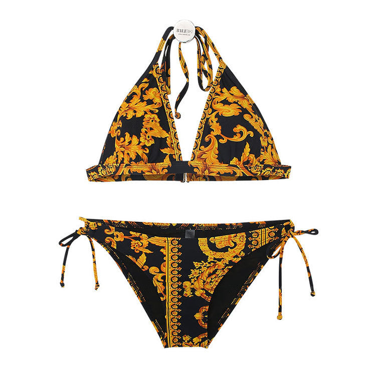 Printed Amazon Split Triangle Swimsuit Women High Waist Bikini